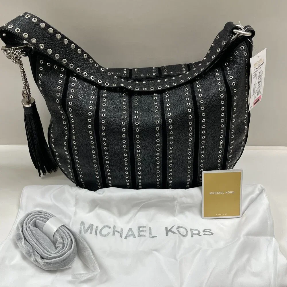 Michael Kors - Brooklyn Grommet Handbag Black Leather/ Silver Accents - NWT